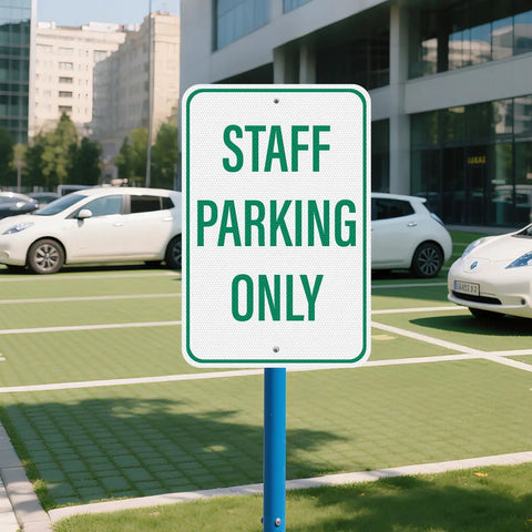 Two Pack Built Tough Reflective Parking Signs For Office Staff And Employees 18 By 12 Inch Aluminum Heavy Duty Surface Top Shelf Visibility No Nonsense Vehicle Lot Markers - Staff Parking Only sign in parking lot