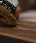 Close-up of shaping dish wood carving wheel for angle grinder, fine grade, 4-1/2 in dia, 7/8 in bore, quick material removal on wood