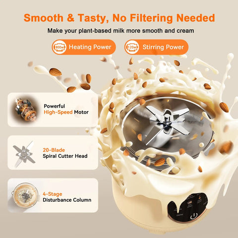 Image showing 50 Oz Nut Milk Maker With 10 In 1 Functions And 20 Blades For Almond Cashew Coconut Oat Milk Plant Based Bevs Plus Chowder Juice Soy Milk Delay Start Boil Water Keep Warm And Auto Clean, highlighting powerful motor and blade design with almond milk splash effect.