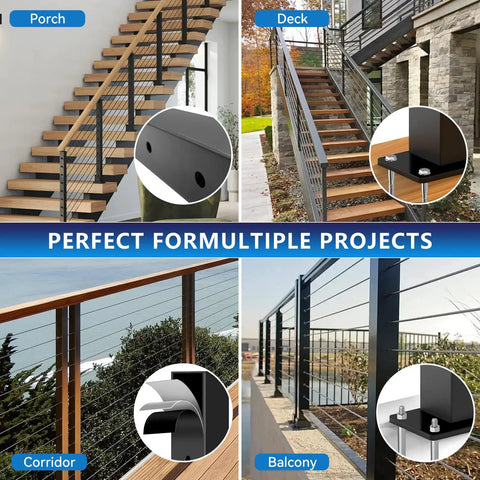 Heavy Duty Four Pack Deck Cable Railing Kit With 164 Foot Stainless Wire Rope installed on porch, deck, corridor, and balcony.