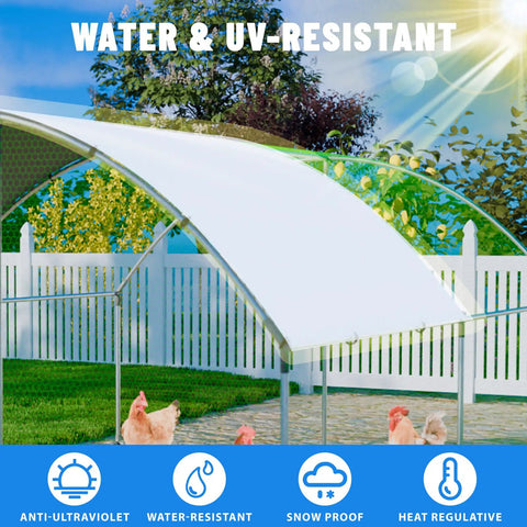 Heavy Duty Large Metal Chicken Coop With Outdoor Run, Waterproof And UV-Resistant Cover shown with dome roof and chickens underneath