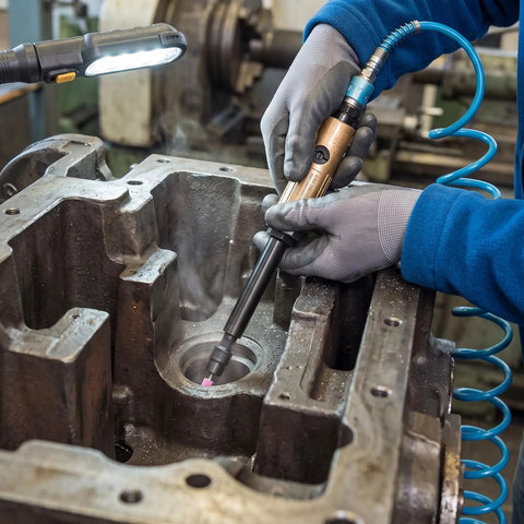 Technician using Badass Air Die Grinder With Extended Long Shaft For Tight Squeeze Tasks on engine component for precision carving.