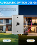 Outdoor Dusk To Dawn Photocell Sensor For Lights showing auto on off feature with wall plate and wires, home in background
