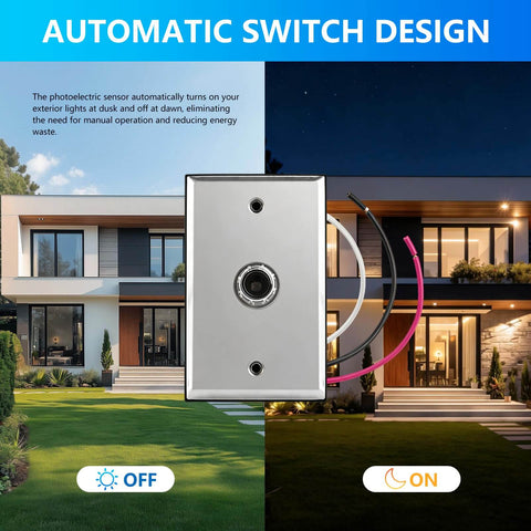 Outdoor Dusk To Dawn Photocell Sensor For Lights showing auto on off feature with wall plate and wires, home in background