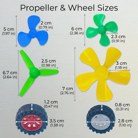 Motor Kit For Kids 8 Piece STEM Science Set With Motors Wheels And Gears For Hands On Learning And Building Mini Models Real Working Projects To Spark Young Engineers. Propeller and wheel sizes chart with colored plastic parts