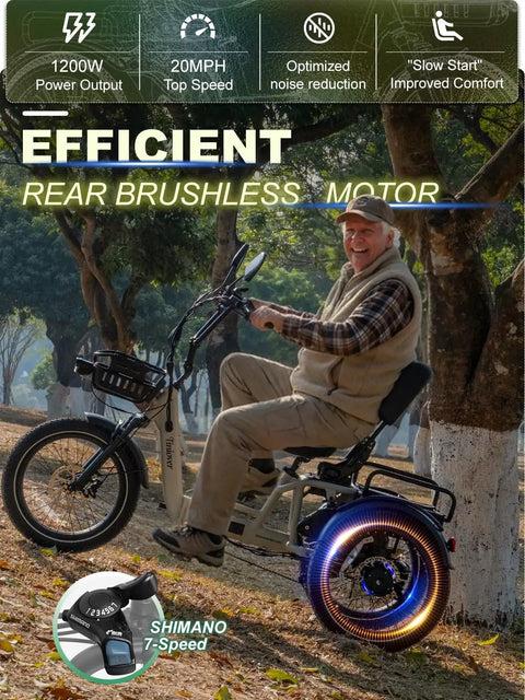 Full Suspension Folding Electric Tricycle For Adults With 1200W 48V 20Ah Power, 20 MPH Top Speed, 100 Mile Range, 20x3 Fat Tires, Reverse, Parking, Differential, White, Premium Seat And Rear Storage Box For A Beast Ride, rider view