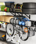 Two Pack 2x6ft Heavy Duty Garage Wall Shelving System With 1200 Lbs Capacity Wall Mounted Shelves For Tools Bins Garden Gear And More Includes 8 Hooks Lite Series loaded with sports gear, tools, and storage bins.