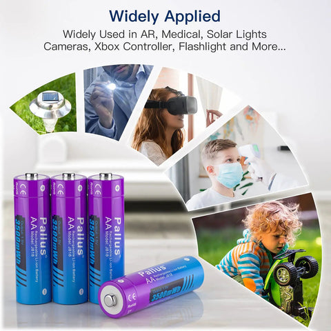 Rechargeable One Point Five Volt Lithium AA Batteries Set Eight Pack With LCD Charger 3500mWh shown with various uses