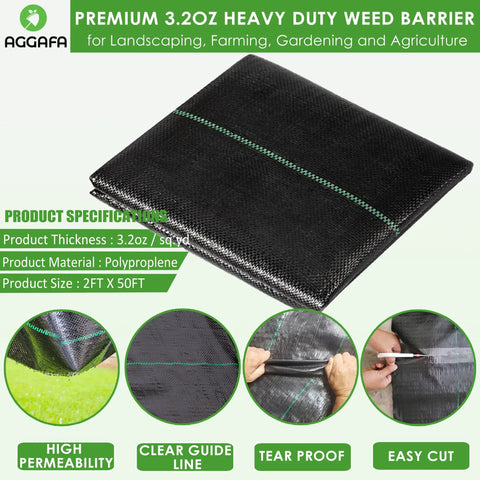 Pro Grade Premium Heavy Duty Weed Barrier Fabric For Landscaping Farming And Gardening And Agriculture 2Ft By 50Ft 100 Percent Virgin Material Durable Woven Landscape Fabric For Weed Control Under Mulch Or Gravel 3.2oz, showing close-up of fabric with specifications and features.