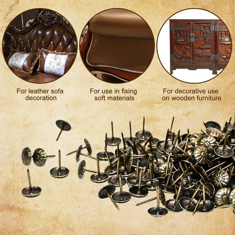 Top Shelf Brass Upholstery Tacks For Furniture Restoration, 200 Piece Box showing decorative nails for leather, soft materials, and wood.