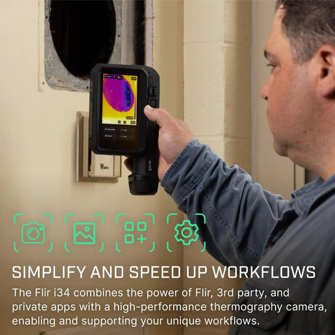 Person using I34 240X320 app enabled thermal camera with ACE OS pro grade thermal imaging for inspections. Screen shows heat data.