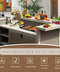 Outdoor Patio Bar Table With Aluminum Frame And PE Wicker Bar Cart Cabinet All Weather Storage in use with drinks and food