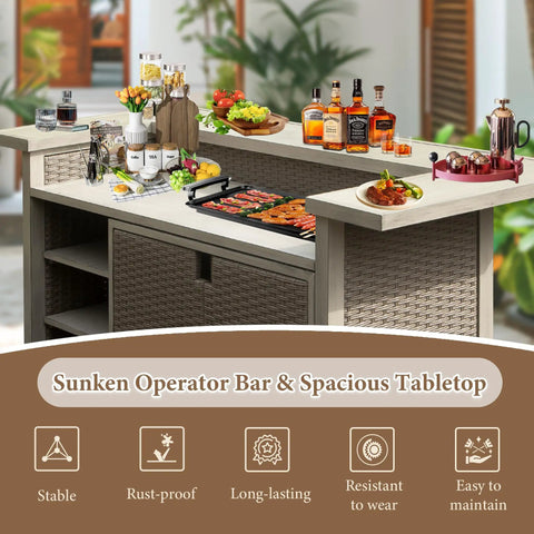Outdoor Patio Bar Table With Aluminum Frame And PE Wicker Bar Cart Cabinet All Weather Storage in use with drinks and food