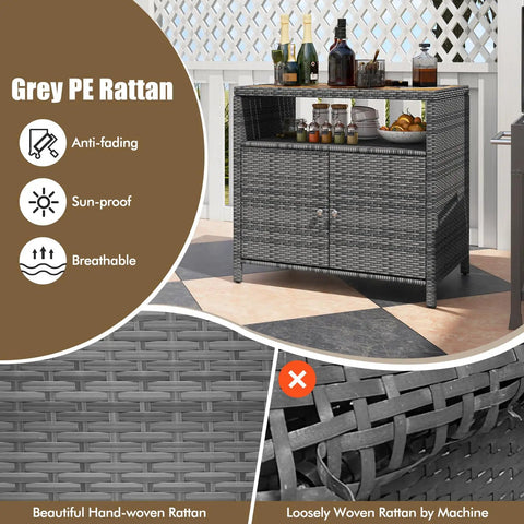 Rattan Storage Cabinet With Acacia Wood Countertop For Patio Or Garden, open shelf and double door cabinet, wicker style sideboard in mixed gray