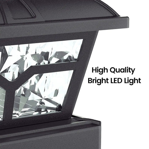 Close-up of solar post cap lights outdoor for 4x4 5x5 6x6 wooden and vinyl posts with RGB color changing and warm white, black finish