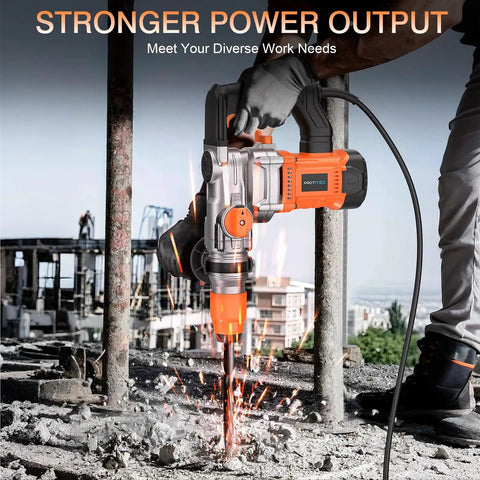 Worker using 1-1/4 Inch SDS-Plus Heavy Duty Rotary Hammer Drill Workhorse with Safety Clutch for concrete breaking on construction site