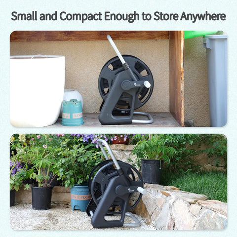 Portable Garden Hose Reel Cart For Fifty To Sixty Feet Of Five Eighth Inch Hose Outdoor Water Hose Holder Easy To Move shown outdoors
