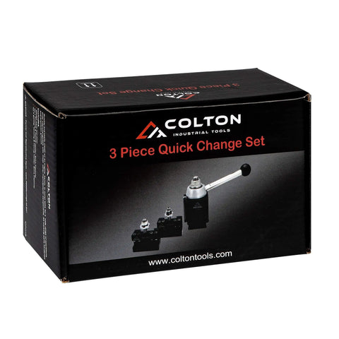 Packaging of AXA Machinist Core Quick Change Wedge Tool Post Set for lathes up to 12 inch swing, includes wedge type post.