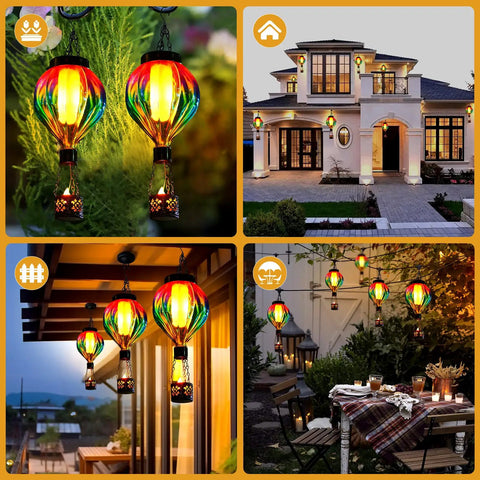 Dope Solar Hot Air Balloon Lantern with flickering flame, 18-inch glass and metal, hanging outdoors in garden and porch