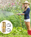 Woman uses garden hose with Four Set Three Quarter Inch Solid Brass Garden Hose Mender Kit With Eight Stainless Steel Clamps Eight Rubber Gaskets And One Roll Tape For Quick Hose Repair And Leak Free Seals.