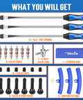 Must Have Motorcycle Tire Changing Kit Includes Three 14.5 Inch Heavy Duty Chrome Steel Tire Spoons With Smooth Rim Protectors, valve tools and storage.