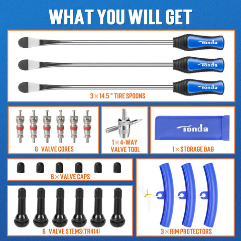 Must Have Motorcycle Tire Changing Kit Includes Three 14.5 Inch Heavy Duty Chrome Steel Tire Spoons With Smooth Rim Protectors, valve tools and storage.