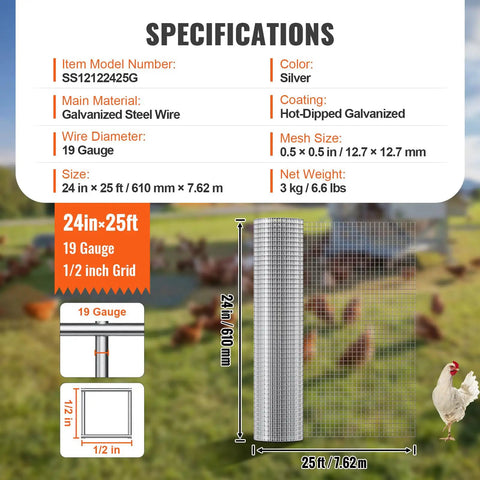 Real Deal 1/2 Inch Hardware Cloth, 24 By 25 Ft Roll, 19 Gauge Hot Dipped Galvanized Steel Wire Mesh with specifications.
