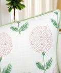 Pink Block Print Marigold Lumbar Pillow Cover 12x20 Off White Oblong Cushion Cover For Sofa Couch Chair Cozy Vintage Garden Vibe Grandmillennial Cottagecore Nursery Decor Konkan Floral, off-white slub with green piping