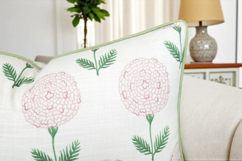 Pink Block Print Marigold Lumbar Pillow Cover 12x20 Off White Oblong Cushion Cover For Sofa Couch Chair Cozy Vintage Garden Vibe Grandmillennial Cottagecore Nursery Decor Konkan Floral, off-white slub with green piping