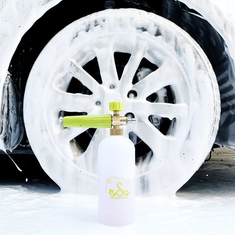 Beast Mode Heavy Duty Foam Cannon Snow Foam Lance With Quick Release Adjustable Nozzle For Car Wash Up To 3400 Psi 1 Liter Bottle in use with thick foam on car wheel