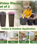 All Weather Wicker Planters Set Of 2 Tall 24 Inch Square Rattan Pots in Mocha Finish for Front Porch Patio Balcony or Indoor Use