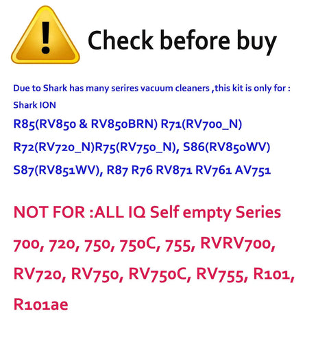 Warning sign with compatibility list for Must Have Replacement Parts Kit For Shark ION Robot R85 RV850 AV751 AV752