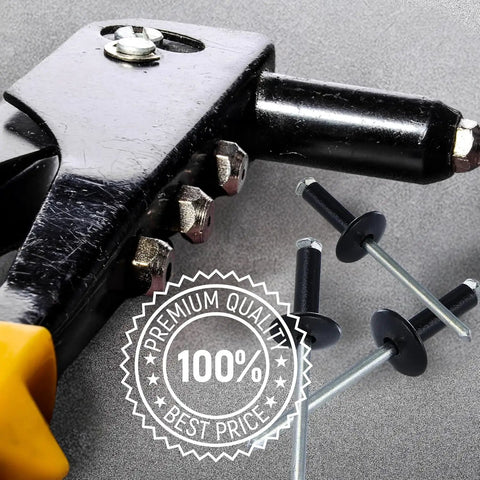 Black Aluminum Pop Rivets Kit 100 Pack 3/16 By 1 Inch Closed End Rivets With Large Head For DIY Projects and Industrial Use shown with tool