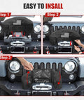 Heavy Duty Winch Cover With American Flag Design Waterproof Dustproof Protection For Universal Fit On 8K To 13500 Lb Electric Pulling Machines Gear demonstrating installation steps on a Jeep.