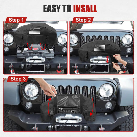 Heavy Duty Winch Cover With American Flag Design Waterproof Dustproof Protection For Universal Fit On 8K To 13500 Lb Electric Pulling Machines Gear demonstrating installation steps on a Jeep.
