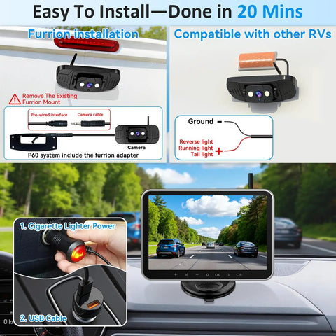 Wireless RV Camera System Plug And Play For Pre Wired RVs 8 Inch HD 1080P Monitor 20 Minute Setup diagram and monitor view