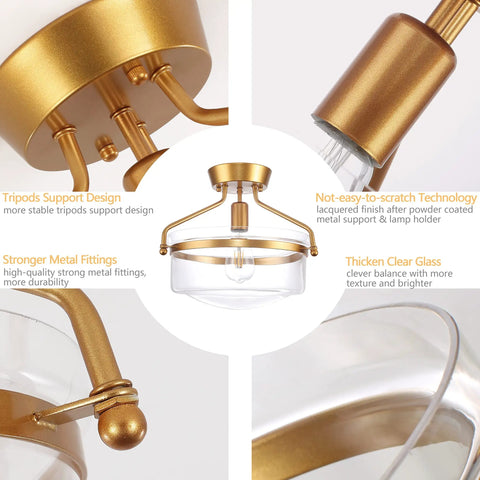 Gold Dope Flush Mount Ceiling Light Fixture With Clear Glass Shade Thirteen Point Five Inch Industrial Metal details