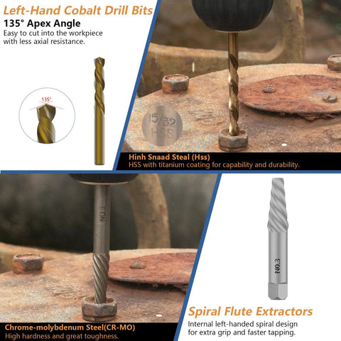 49 Piece Screw And Bolt Extractor Tool Set With Left Hand Drill Bits And Nut Removers For Damaged Stripped Bolts And Screws Multi Spline And Spiral Extractors For Nuts Studs And Fittings Go To Gear, featuring left-hand cobalt drill bits and spiral flute extractors.