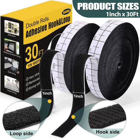 Heavy Duty Nylon Hook And Loop Strips With Adhesive 30 Ft Each, Double Rolls For Home Office School And Crafting, Black
