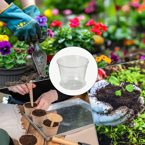 Collage of Reusable Flexible Seedling Pots Set Of 10 With Drip Tray, Durable PET Plant Starters in garden use and transplanting.