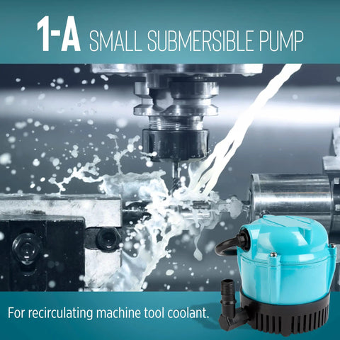 Tiny But Mighty Submersible Pump 1-A 115 Volt 1/200 HP 170 GPH displayed near machinery, blue housing