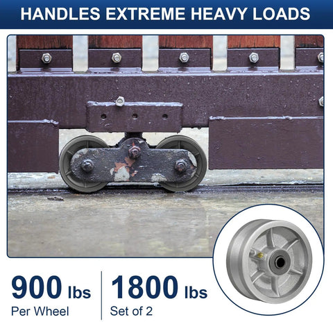 Tough As Nails 5 Inch V Groove Steel Track Wheel With Slick 90 Degree Channel Setup Knockout Durability For 1 Inch Angle Iron Tracks Heavy Haul Load Rating Single Unit close-up on track handling 900 lbs per wheel