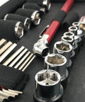 Close-up of 56 Piece Compact Metric Auto Tool Set In Zippered Case with sockets, hex keys, and red tool handle for roadside repairs