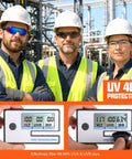 Three workers in safety gear showcasing Snag These Heavy Duty 12 Pack Bulk Protective Eyewear For Men And Women Straight Up Certified Ansi Z87 Specs With Uv Defense And Scratch Proof Wrap Frames Built Tough For Job Sites And Diy Adventures.