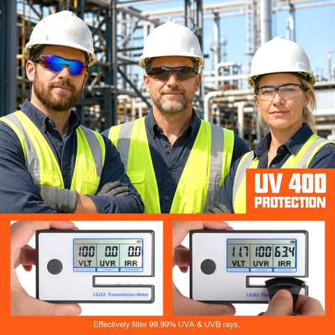 Three workers in safety gear showcasing Snag These Heavy Duty 12 Pack Bulk Protective Eyewear For Men And Women Straight Up Certified Ansi Z87 Specs With Uv Defense And Scratch Proof Wrap Frames Built Tough For Job Sites And Diy Adventures.
