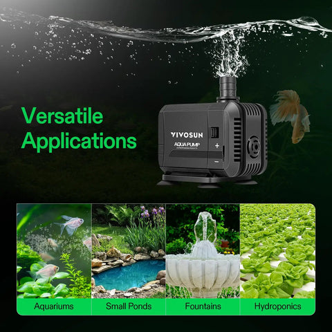 Ultra Quiet Submersible Water Pump 400 GPH Ideal For Pond, Fish Tank, Aquarium, and Hydroponics with images of applications