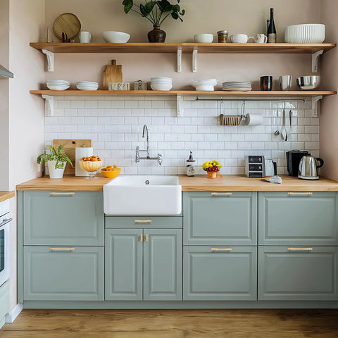Modern kitchen with Brushed Brass Cabinet Handles 10 Pack 3 Inch Hole Centers Zinc Gold Drawer Pulls on grey cupboards
