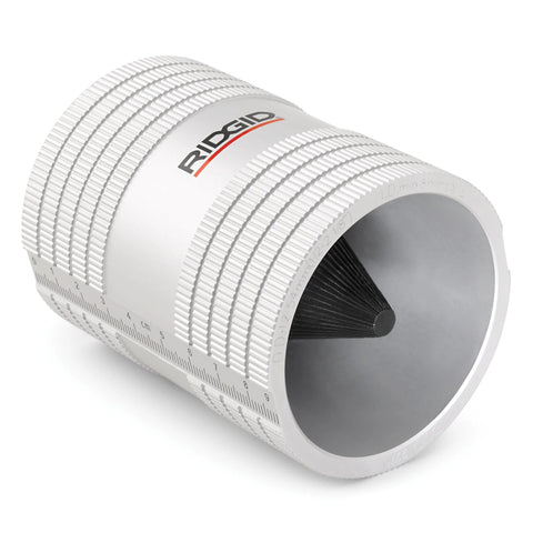 Ridgid chrome stainless steel pipe reamer tool for 1/2–2 in pipes; small with knurled body and ruler marks.