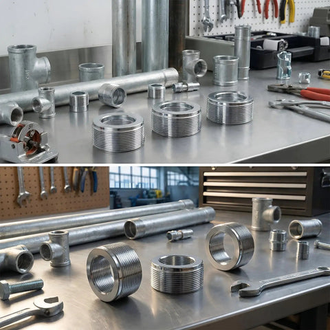 5 Pack 3 To 2 Inch Steel Reducing Bushing For Rigid And IMC Conduit, Heavy Duty Alloy Steel Threaded Reducer With Rolled Edge, Corrosion Resistant Fitting For Industrial Electrical Systems In Tough Environments, shown with threaded conduit fittings
