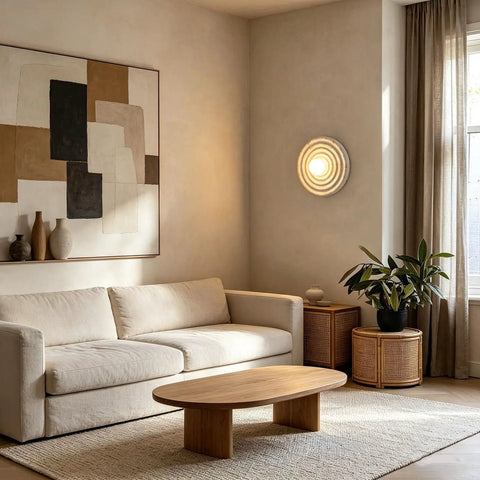 MECOLA Round Resin Accent Wall Sconce Small Glass Globe Shade Wall Lamp illuminated on wall above a light-colored couch in living room.